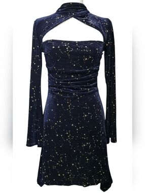 Cider Navy Velvet Star-Print Cutout Long Sleeve Dress
